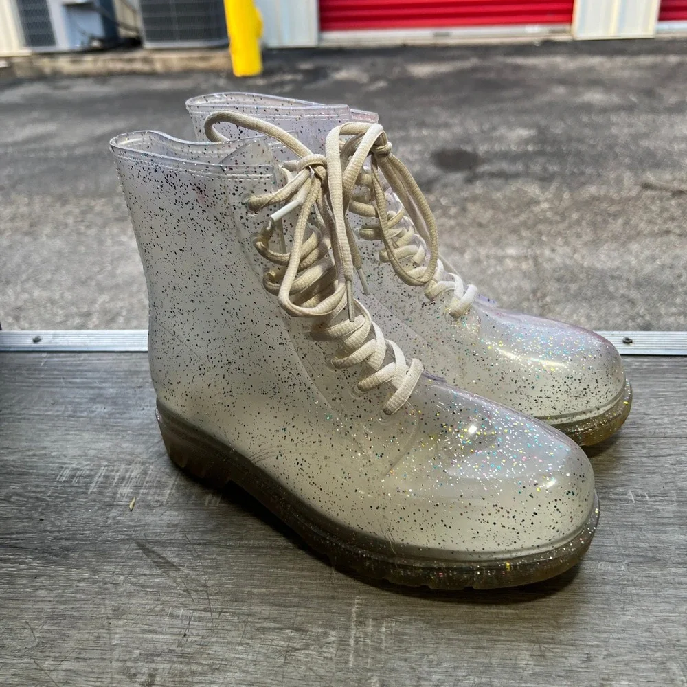 Y2K Urban Outfitters Combat Boots Clear Glitter Jelly Womens 8  Lace Up FESTIVAL